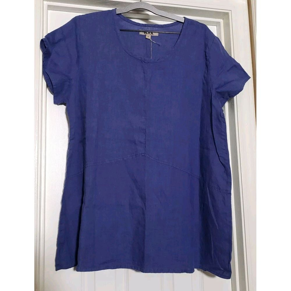 Flax Short Sleeve 100% Linen Blouse Women's Size Large Blue Lagenlook